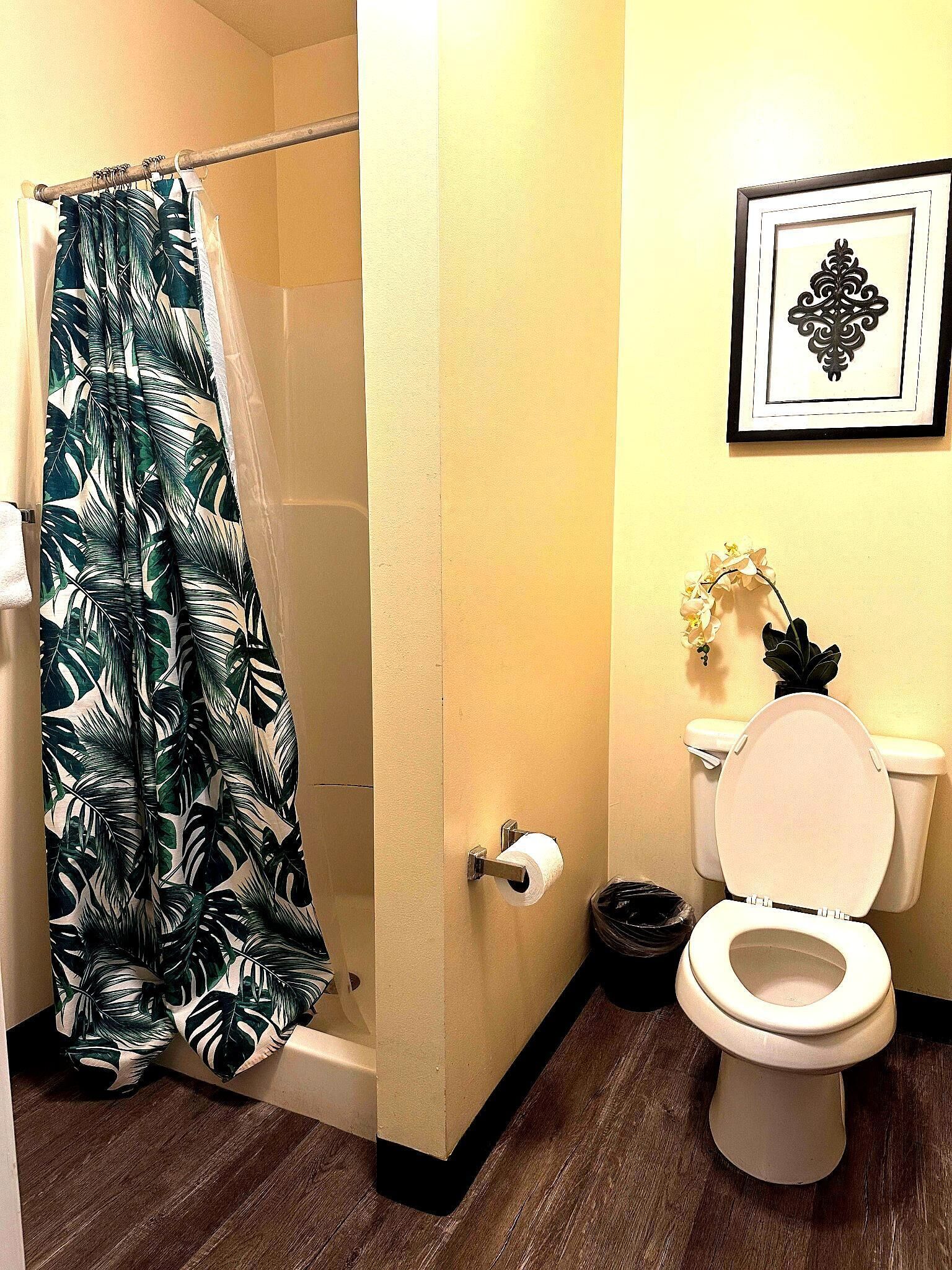 A bathroom with a shower curtain, toilet, and a framed picture on the wall.