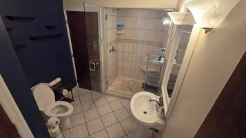 A bathroom with a toilet, sink, shower, and glass door.