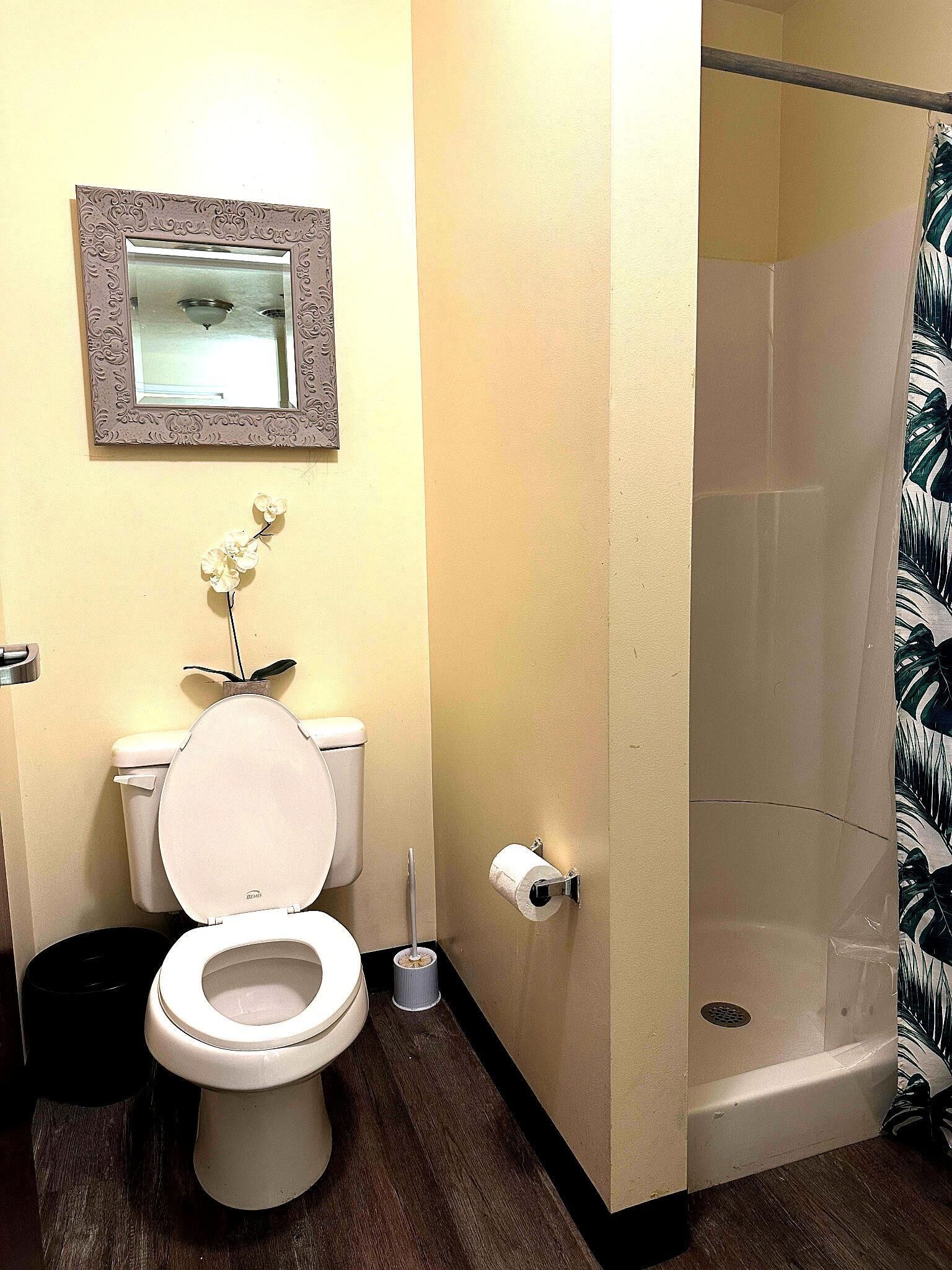 A bathroom with a toilet, a shower, a framed mirror, and a potted orchid.