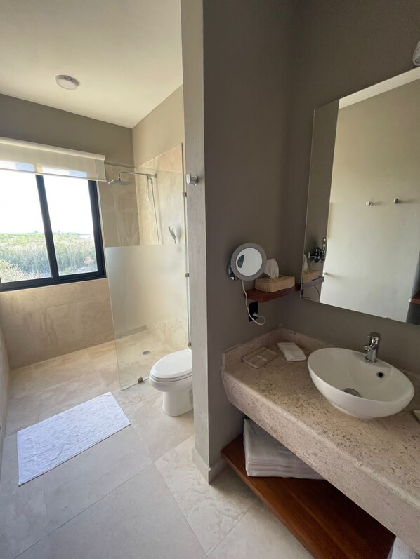 A modern bathroom with a large mirror, a sink, and a toilet.