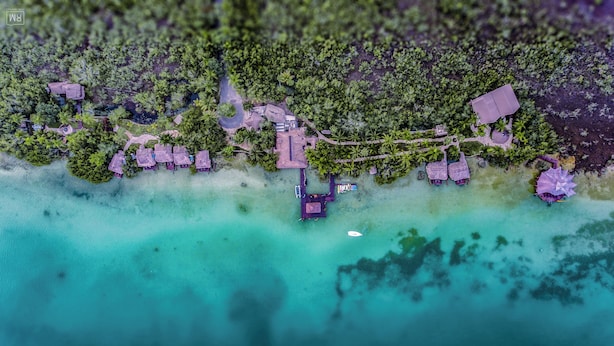An aerial view of a tropical resort with overwater bungalows, a pier, and lush greenery.