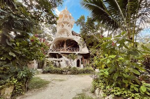 Una estructura singular, similar a una casa en los árboles, rodeada de exuberante vegetación.