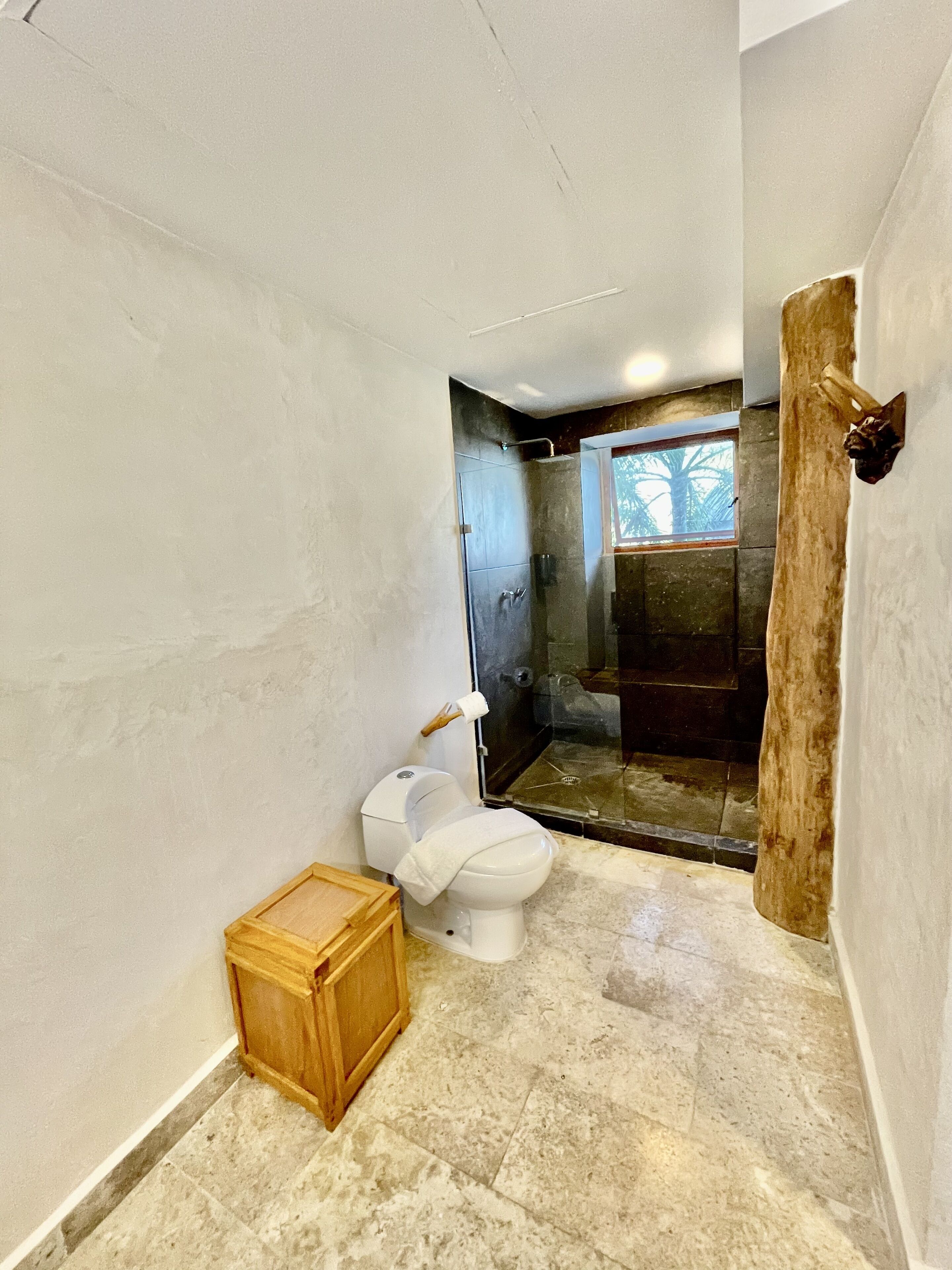 A bathroom with a toilet, shower, and a wooden cabinet.