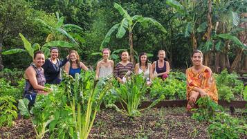 Un groupe de personnes est assis dans un jardin, avec différentes plantes et arbres en arrière-plan.
