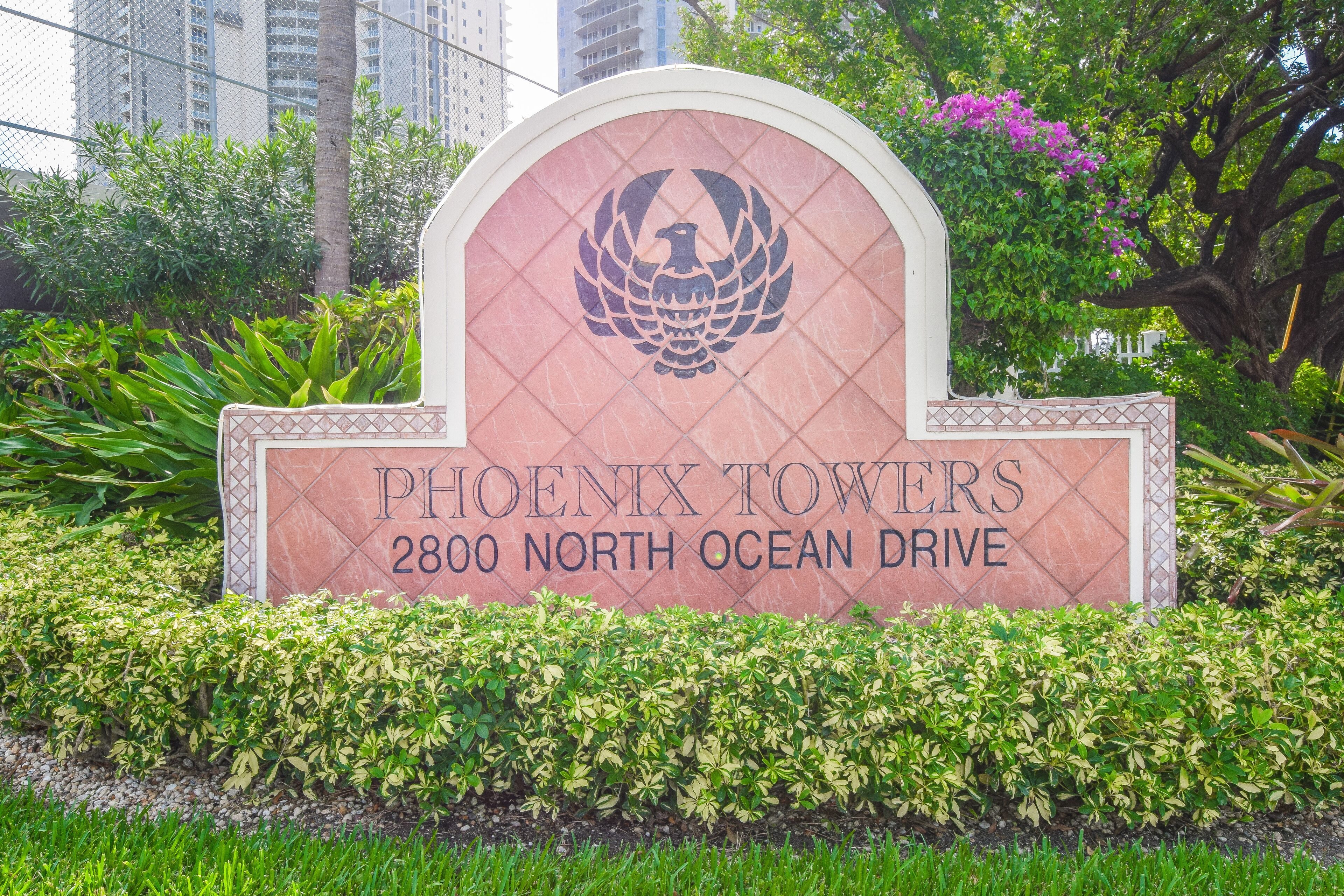 En skylt för Phoenix Towers, belägen på North Ocean Drive 2800, omgiven av grönska och ett stort träd med lila blommor.