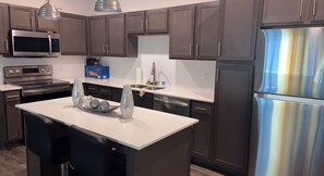 Microwave, dishwasher, cookware/dishes/utensils