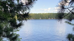 En träbrygga som sträcker sig ut i en stilla sjö, omgiven av tät skog.