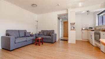 Televisie, een open haard, een dvd-speler en een stereo