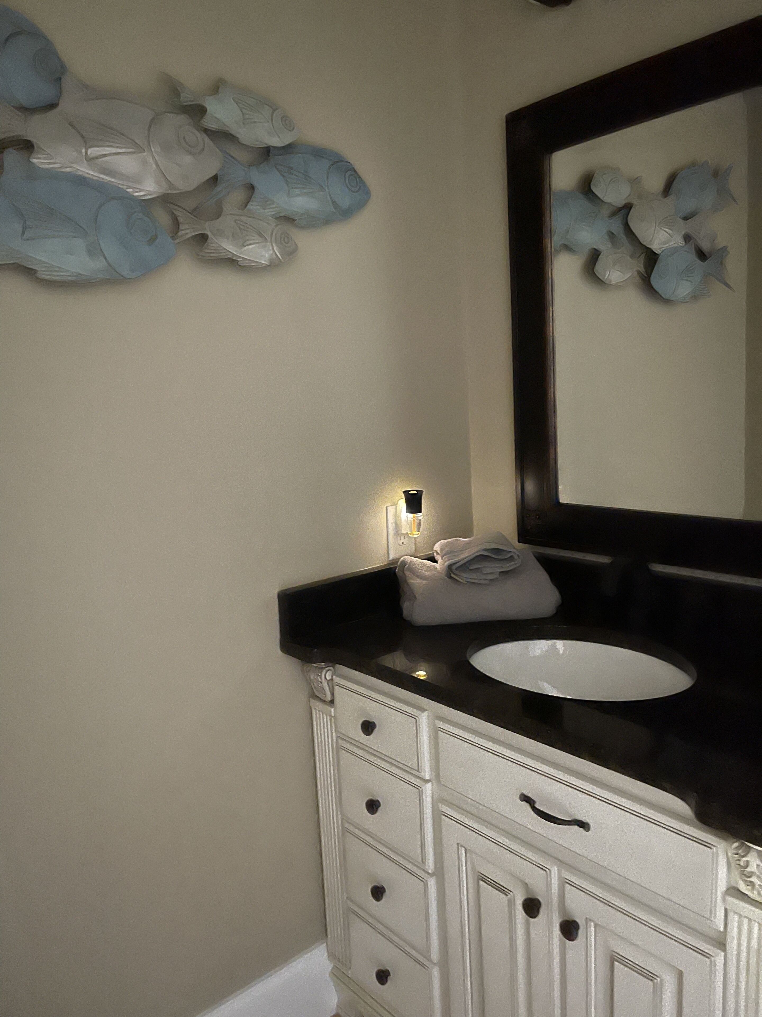 Un bagno con un lavandino bianco, un piano di lavoro nero e uno specchio. Si vedono pesci decorativi sulla parete e un asciugamano sul piano.