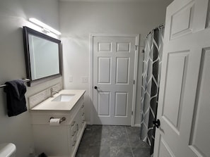 Combined shower/bathtub, hair dryer, towels, soap