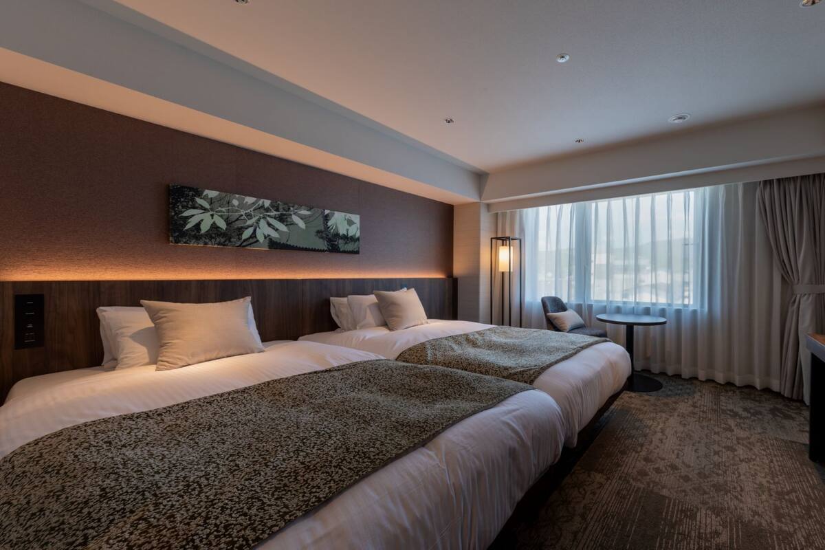 Down comforters, desk, blackout drapes, soundproofing