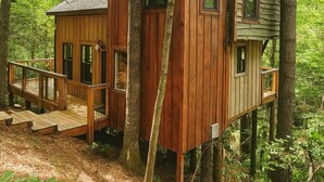 A treehouse with a wooden deck and multiple windows, surrounded by a forest.