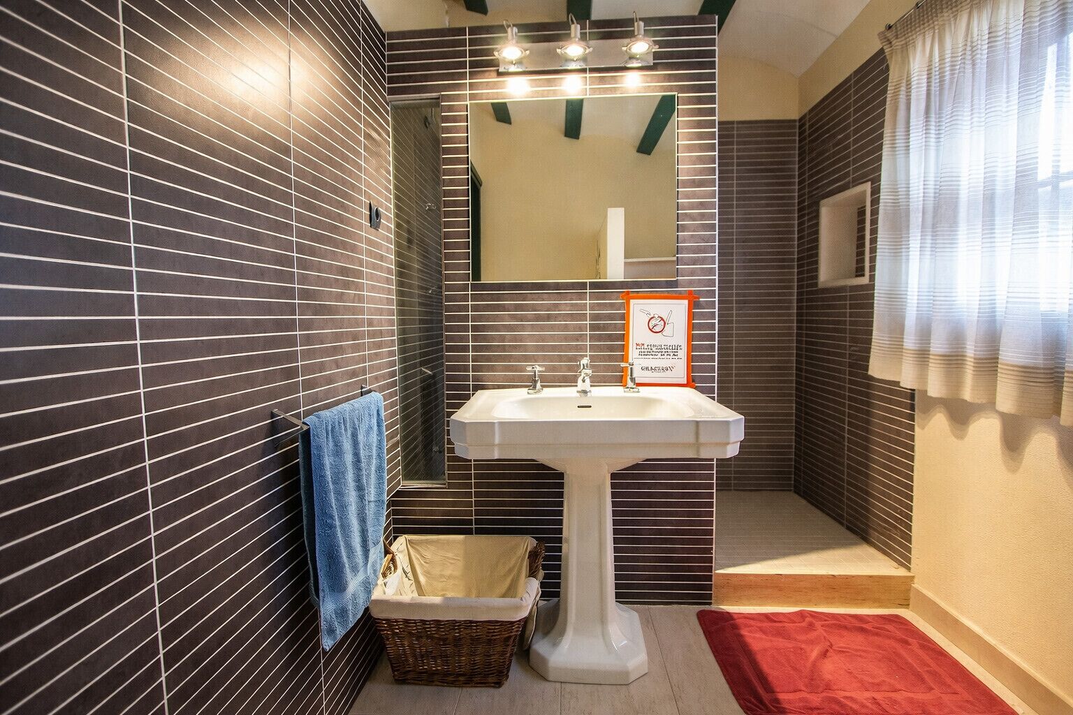 Een moderne badkamer met een wit wastafelmeubel, donker betegelde wanden, een spiegel en een rode vloerkleed.