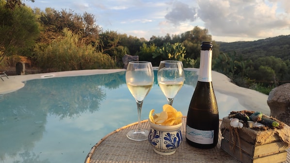 A poolside setting with two glasses of white wine, a bottle of wine, and a bowl of chips on a table.