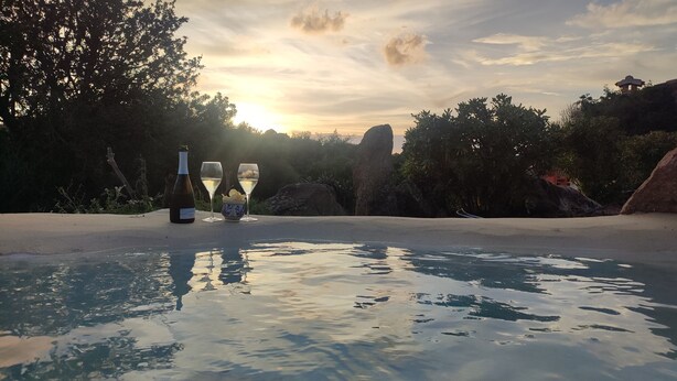 A pool with clear water, surrounded by rocks and trees, with a bottle and glasses on the edge. - Villa "Stazzu La Piredda" with Garden & Wi-Fi (Arzachena)
