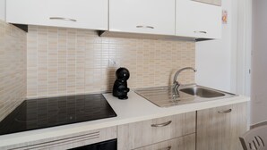 Une cuisine dotée d’une plaque de cuisson à induction noire, d’un évier en acier inoxydable, de meubles de couleur claire et d’un dosseret carrelé.