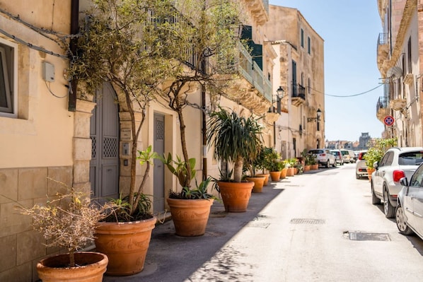 A narrow street lined with terracotta pots and potted plants, parked cars, and buildings with balconies.