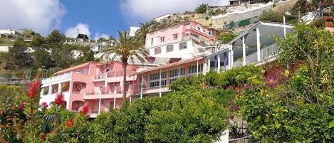A hillside residential area with colorful buildings, a pathway, and lush greenery.