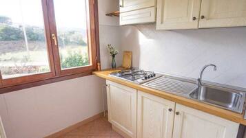 Kühlschrank, Herdplatte, Kochgeschirr/Geschirr/Besteck, Esstisch