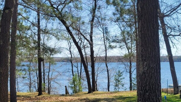 Un sentier au bord du lac, bordé d’arbres, qui mène à un quai.