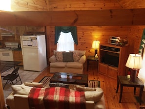 Ein gemütliches Blockhaus-Zimmer mit Küchenzeile, einer Couch, einem Couchtisch und einem Fernsehschrank.