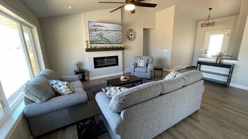 Smart TV, fireplace, foosball