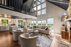 Smart TV, fireplace, foosball, books