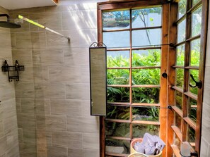Shower, hair dryer, towels, soap