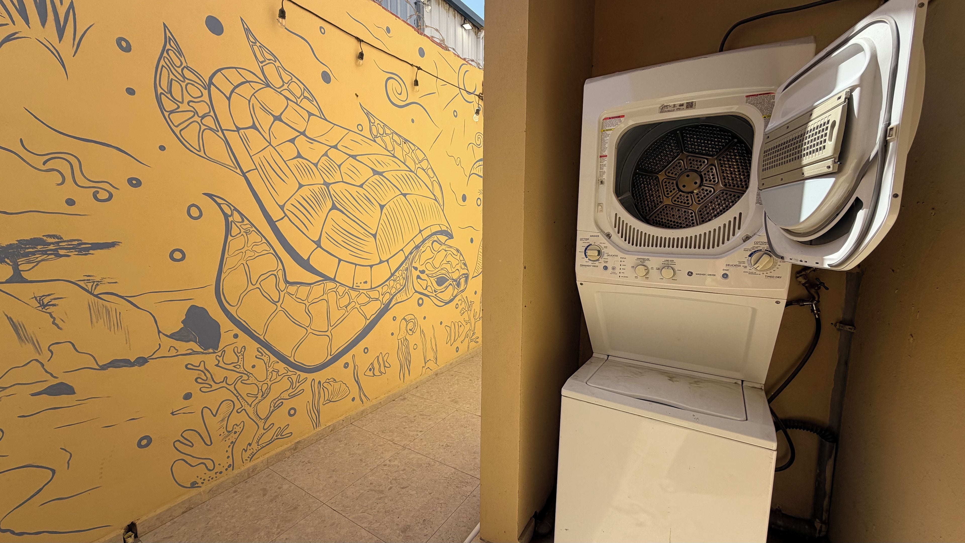 Un mur orné d’une fresque et sur lequel est adossée une machine à laver blanche.