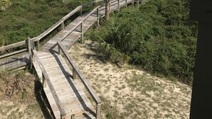 A wooden boardwalk leading to a beach with a palm tree and sandy dunes. - 8B Lighthouse Point Beach Club (Tybee Island)