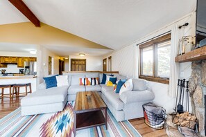 TV, fireplace, books