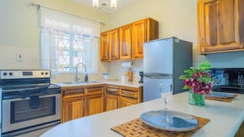 Een koelkast, een microgolfoven, een oven, een kookplaat