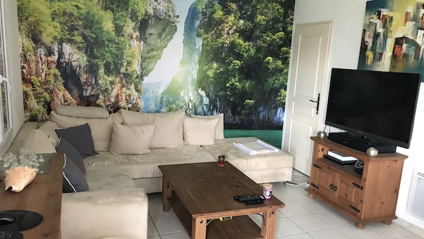 A living room with a sofa, coffee table, TV, and a mural of a forest. - Beautiful, quiet house for 4 to 6 people. 15mn Vallée des Singes - 25mn Futuroscope (Vivonne)