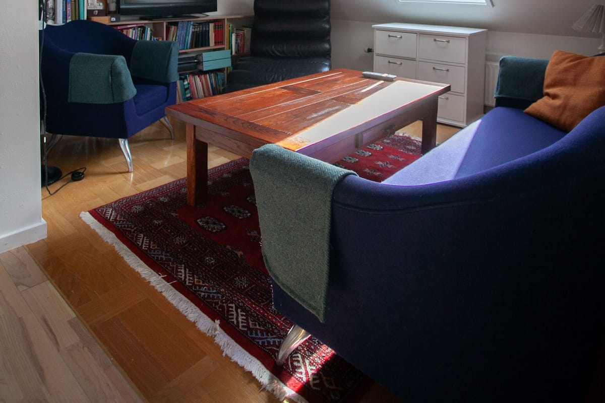 Avoin, loft-tyylinen huone, jossa on kalteva katto, kattovalokuvio, litteänäyttöinen televisio, sininen sohva, puinen sohvapöytä, punakuvioinen matto sekä kirjahylly, jossa on kirjoja ja lamppu.