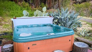 Un bain à remous à l’intérieur bleu, entouré de plantes et d’arbres.