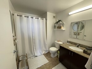 Combined shower/tub, hair dryer, towels, soap