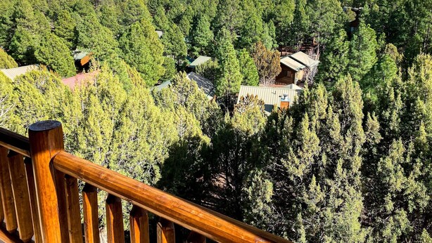 A forested area with cabins and a wooden deck. - Gorgeous 2BR/2BA with Stunning Views and Great Location (Show Low)