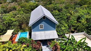 A blue house with a sloped roof, surrounded by lush greenery and a view of the ocean. - Sunset and Ocean views at Sandy Feet Retreat with private infinity pool. (Sandy Bay)