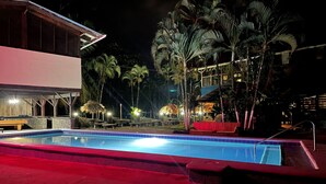 A nighttime pool area with a red-tiled pool, lounge chairs, and palm trees.
