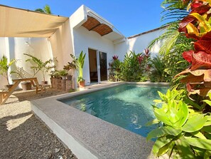 A swimming pool surrounded by potted plants and a wooden deck.