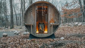 A wooden cabin with a glass door, surrounded by a forest. - Unique Dome Home With Hot Tub & Piano, on 28 acres (New Paltz)