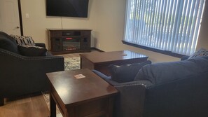 Smart TV, fireplace, books