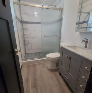 Combined shower/bathtub, hair dryer, towels, soap