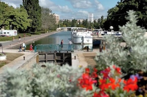 A marina with boats docked, a pedestrian walkway, and a cityscape in the background.