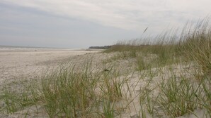 Ein Strand mit Sand und Gras im Vordergrund.