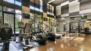 A gym with cardio machines, weightlifting equipment, and large windows offering natural light.