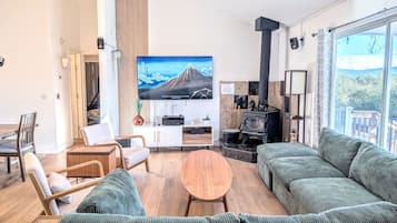 Una Smart TV, una chimenea, un reproductor estéreo