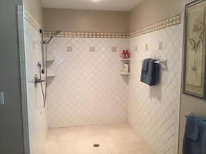Douche, séchoir à cheveux, serviettes fournies, savon