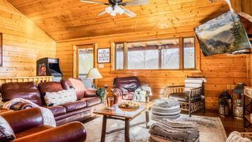 Smart TV, fireplace, foosball