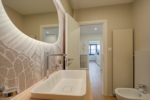 Shower, hair dryer, bidet, towels